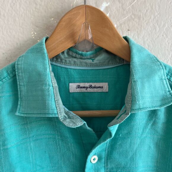 TOMMY BAHAMA Vintage Teal Green Linen Short Sleeve Button Down Shirt Mens Medium - Picture 3 of 7